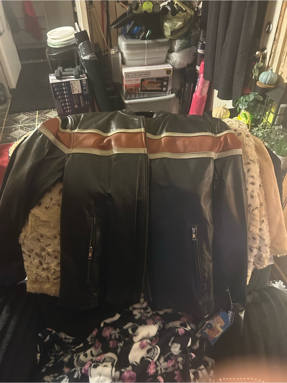 Wilsons Leather Black Jacket with Brown Shearling Trim